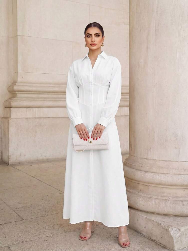 Graceveil Women's White Waist-Defining Shirt Collar Long Dress Fall Cloth For Women | SHEIN