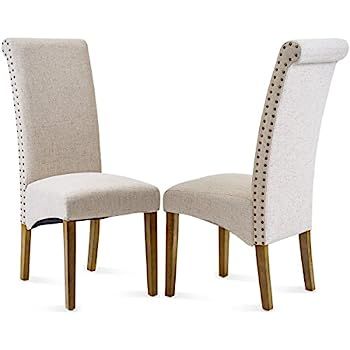 Merax Dining Chair Set of 2 Fabric Padded Side Chair with Solid Wood Legs, Nailed Trim(Beige) | Amazon (US)