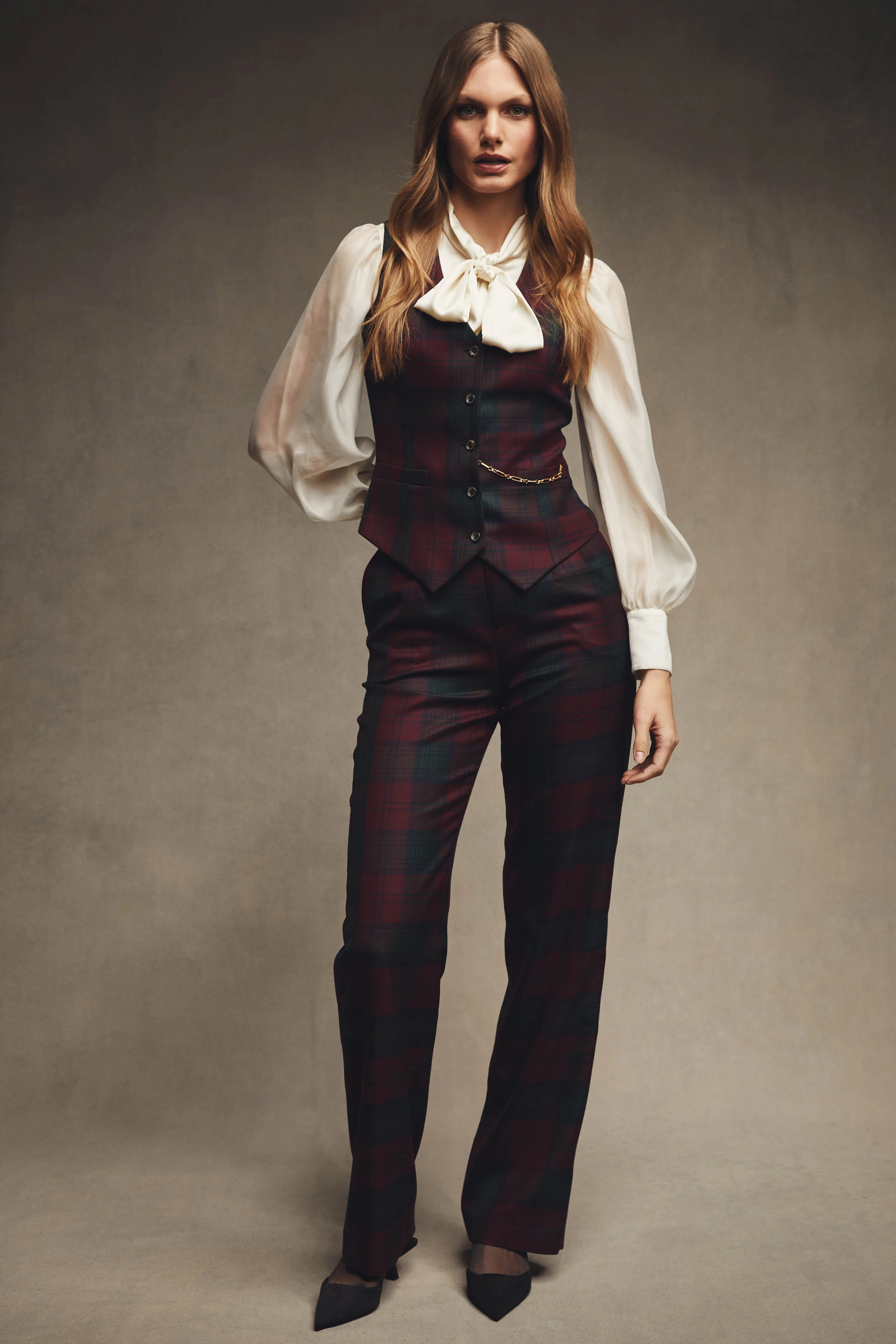 High Waisted Straight Trouser (Mulberry Tartan) | Holland Cooper