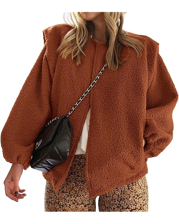 KIRUNDO Women's 2023 Fall Winter Sherpa Fleece Jacket Faux Wool Embedded Lantern Sleeve Casual Lo... | Amazon (US)