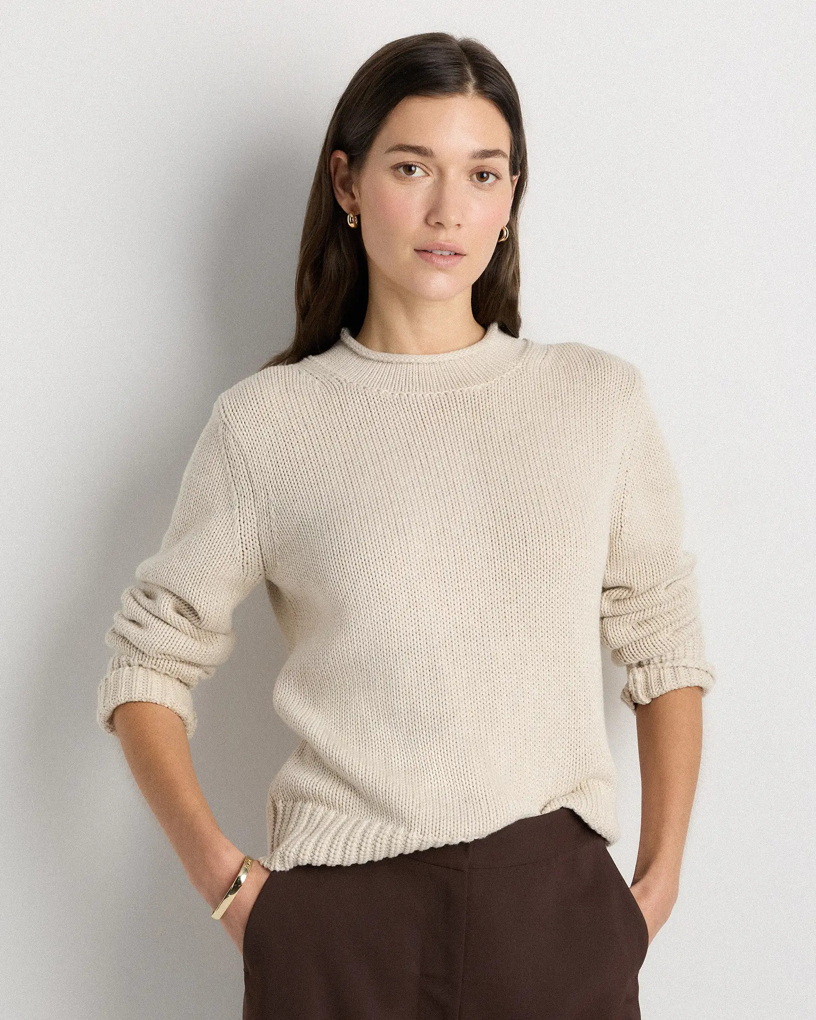 Women's 100% Organic Cotton Roll Neck Sweater in Speckled Beige | Quince