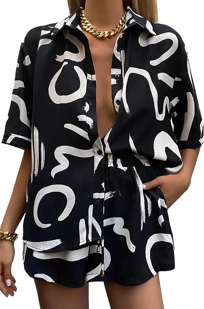 LTSCNRM Women's 2 Piece Outfit Sets Summer Beach Casual Printed Shirts and Shorts Lounge Sets | Amazon (US)