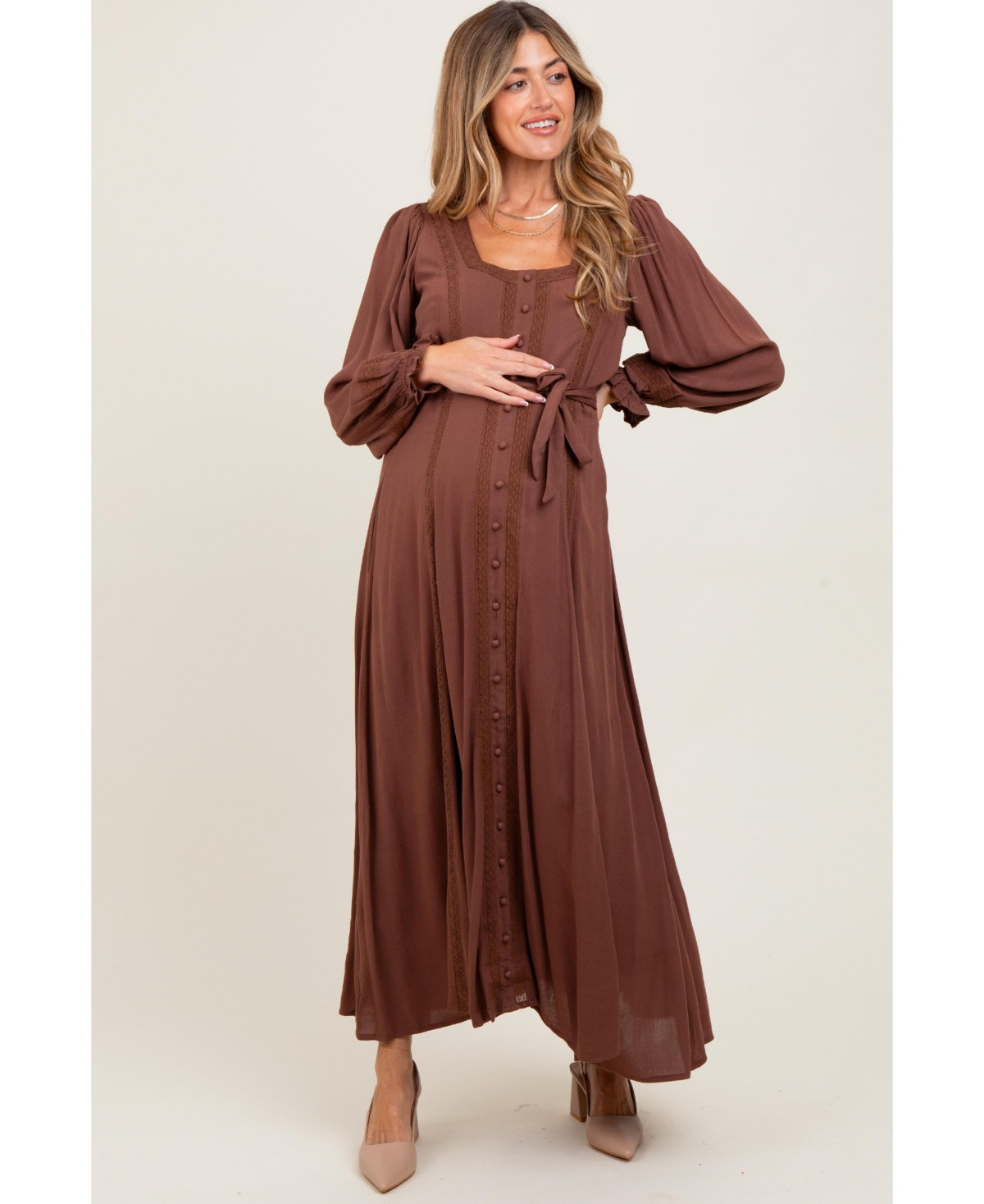 Pinkblush Brown Lace Detail Button Down Maternity Maxi Dress - Brown | Macy's