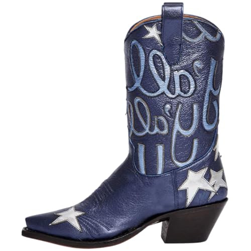 Women's Cowboy Boots Mid Calf Pointed Toe Low Chunky Heel Embroidery Metallic Pull On Western Fes... | Amazon (US)
