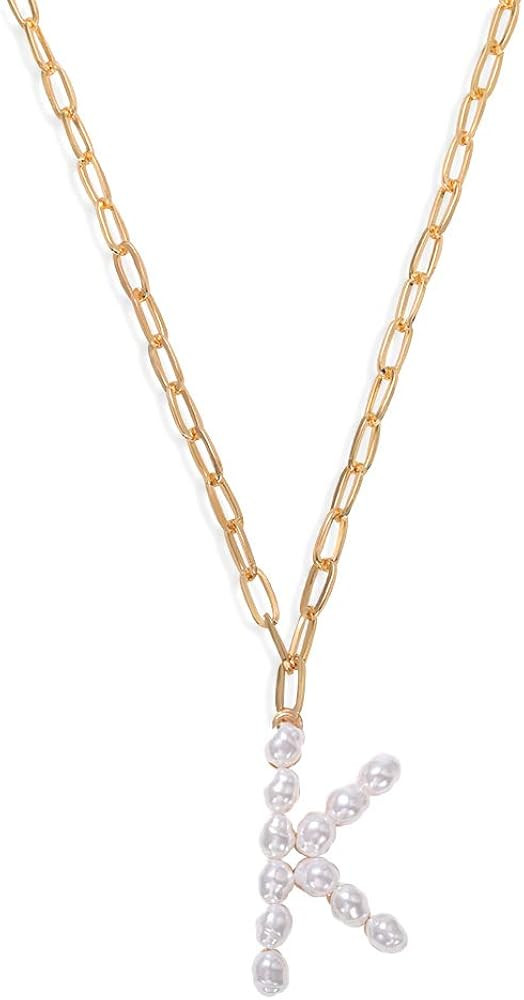 Dainty Turquoise Pearl Big Initial Chain Pendant Sweater Necklace for Women | Amazon (US)