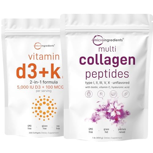 Micro Ingredients Multi Collagen Protein Powder 16oz & Vitamin D3 5,000iu + K2 100mcg Softgels Bundle 2 Pack | Grass-Fed Collagen Peptides | Essential Sunshine Vitamins | Amazon (US)