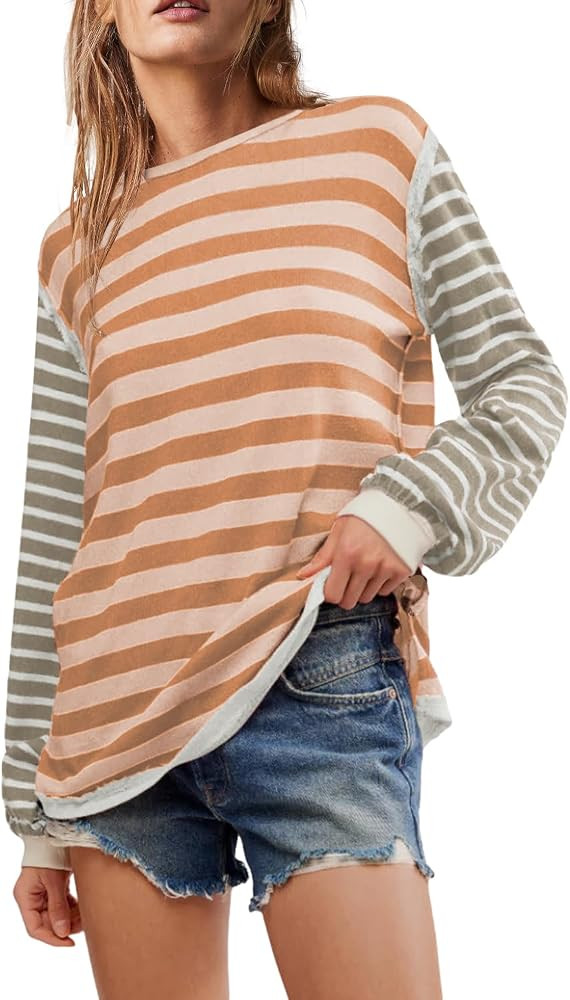 SENSERISE Womens Striped Crewneck Sweatshirts Long Sleeve Color Block Shirts Casual Loose Tops Si... | Amazon (US)