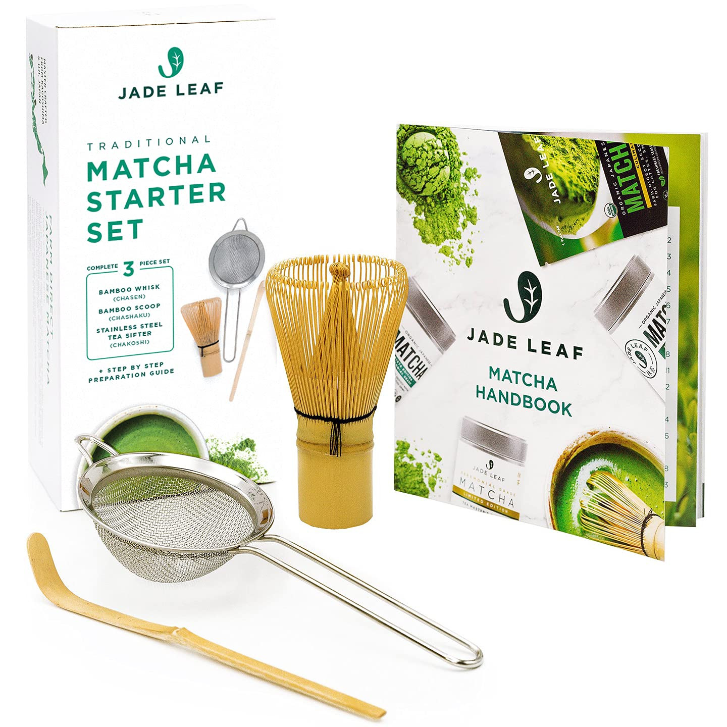 Jade Leaf Matcha Traditional Starter Set - Bamboo Matcha Whisk (Chasen), Scoop (Chashaku), Stainless Steel Sifter, Fully Printed Handbook - Japanese Tea Set | Amazon (US)