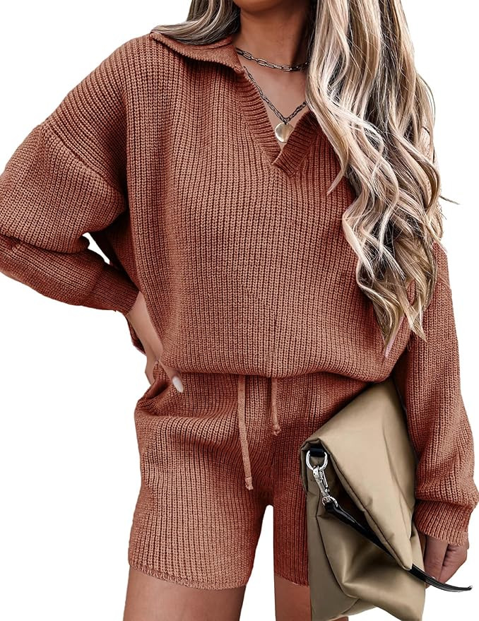 Ekoauer Women's 2 Piece Outfits Long Sleeve Knit Top and Short Pajama Sets Oversized Sweatsuit Sw... | Amazon (US)