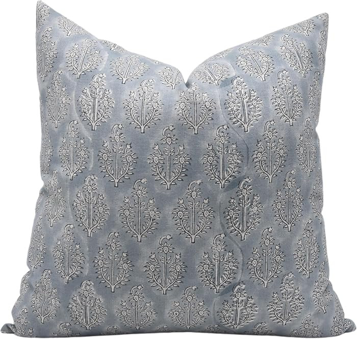 Handmade Block Print Pure Linen 22X22 Inches Vintage Pillowcase Cushion Cover with Zipper for Sof... | Amazon (US)