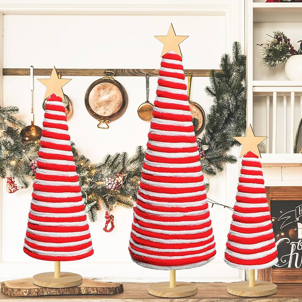 Soaoo 3 Pcs Christmas Table Decorations Mini Trees Christmas Yarn Cone Pedestal Trees with Small ... | Amazon (US)
