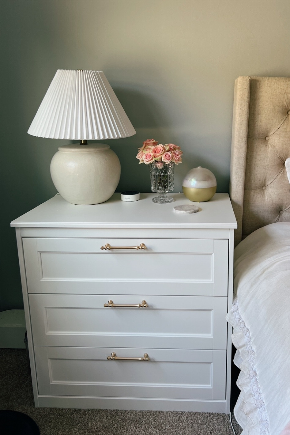 white nightstands with gold hardware 🌟

(search words: large table lamp, oversize table lamp, nightstand lamp, essential oil diffuser, bedroom furniture, neutral bedroom aesthetic, pleated lamp shade, ceramic lamp, ruffle bed comforter, neutral tifted linen bed frame)

#LTKFindsUnder100 #LTKSeasonal #LTKHome