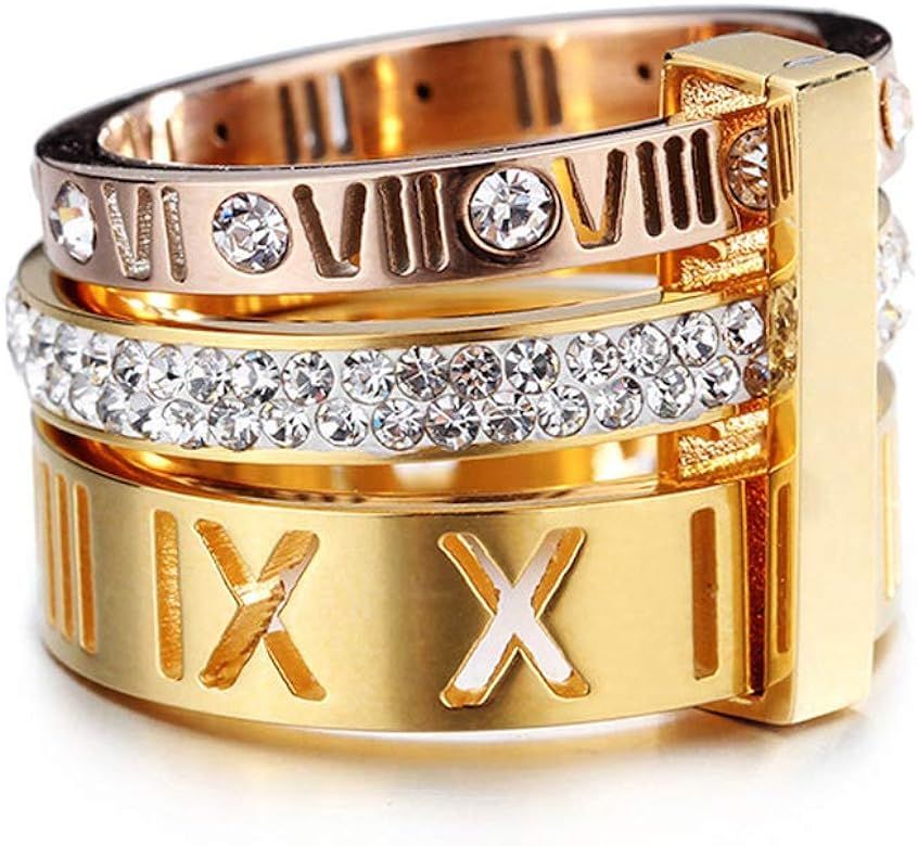 UNAPHYO Women's Stainless Steel Roman Numeral Ring with Cubic Zirconia Engagement Wedding Trinity Ba | Amazon (US)