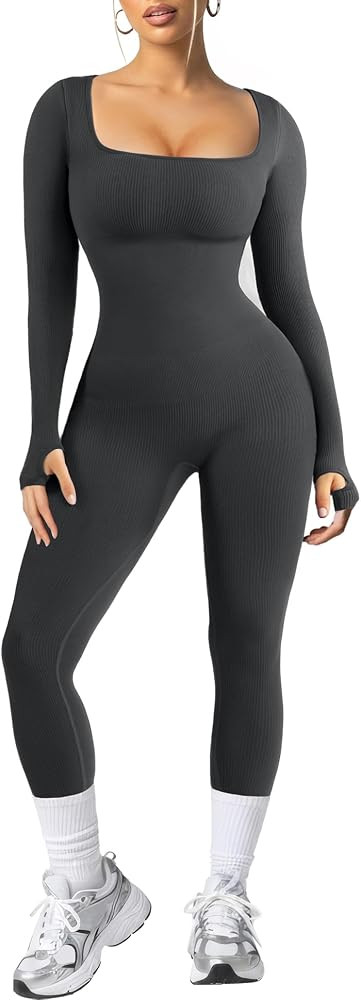 Popilush Jumpsuits for Women Long Sleeve Built-In Bra Square Neck Full Length Leggings Bodycon St... | Amazon (US)