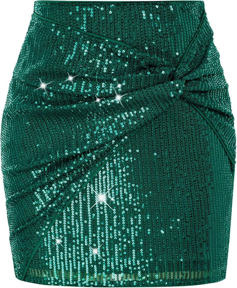 Kate Kasin Women's Sequin Bodycon Skirt High Waist Knot Front Sparkly Glitter Pencil Mini Skirt f... | Amazon (US)