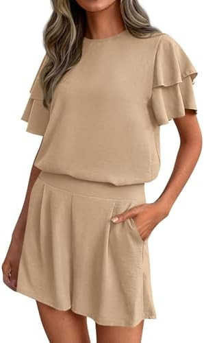 KIRUNDO Two Piece Sets for Women 2026 Spring Summer Ruffle Sleeve Lounge Matching Shorts Set Casu... | Amazon (US)