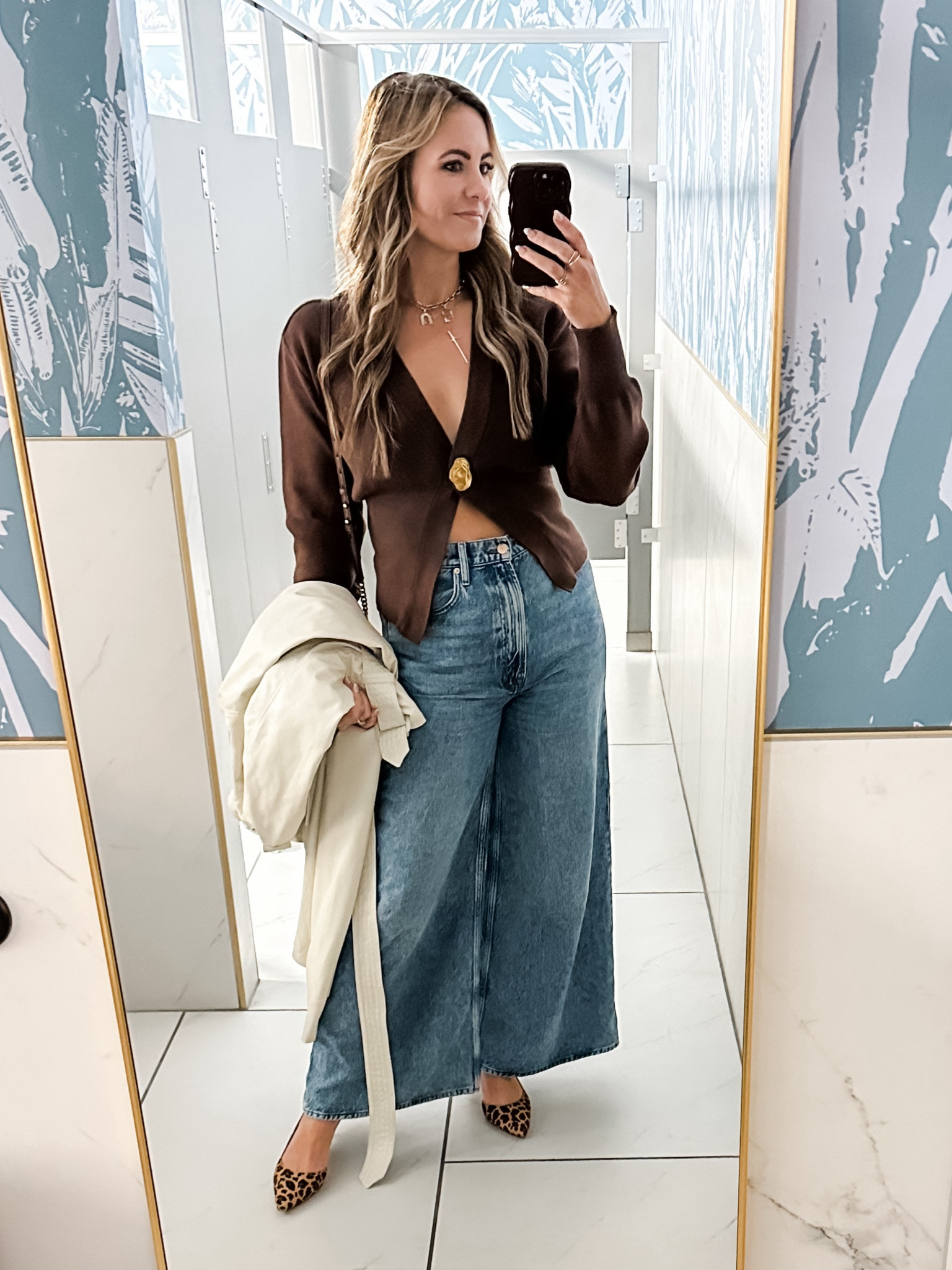 Date night look :: Fall fashion. 🍂 // Wide leg jeans, leopard heels, kitten heels, statement sweater, brown sweater, date night top, date night outfit, leather trench coat, cream trench coat

#LTKShoeCrush #LTKStyleTip