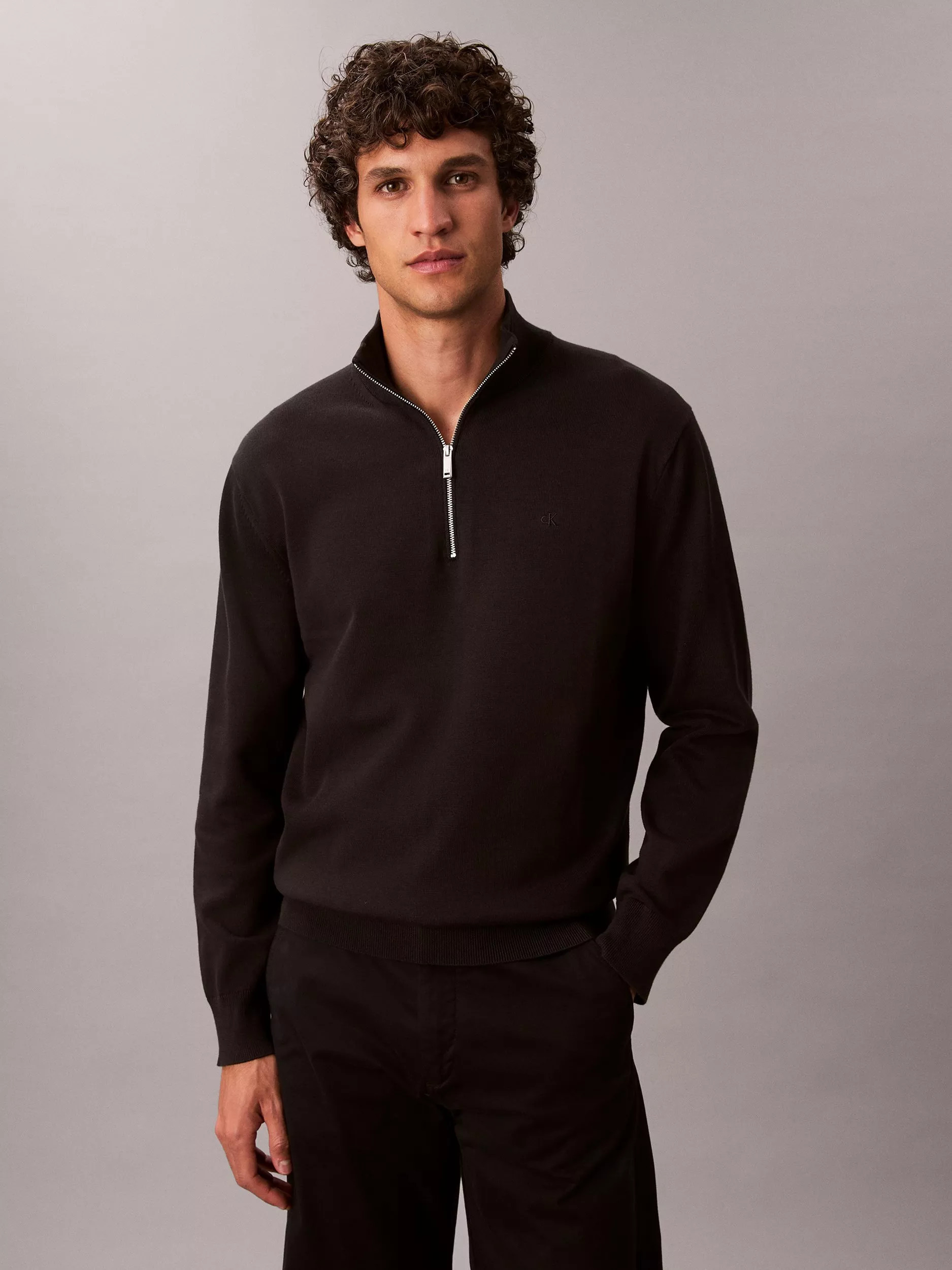 Calvin Klein Pima Cotton Knit Quarter Zip Jumper, Black | John Lewis (UK)