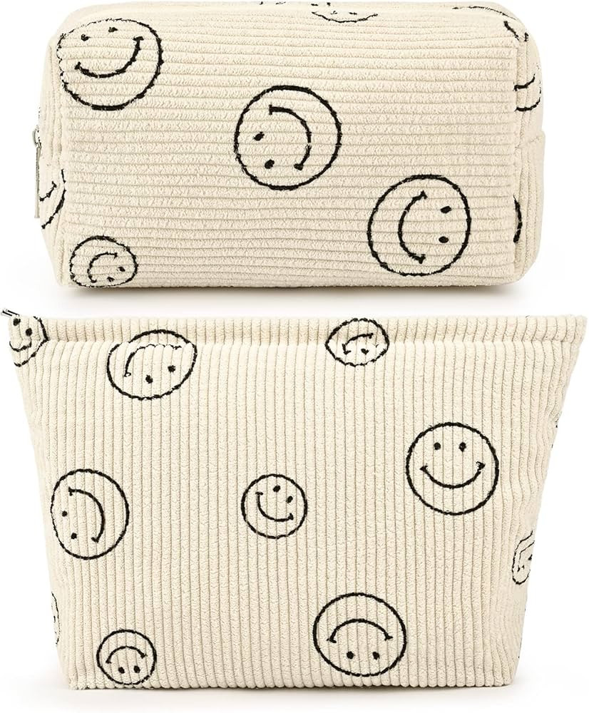 SOIDRAM 2 Pieces Makeup Bag Large Corduroy Cosmetic Bag Smiley Face Capacity Canvas Travel Toilet... | Amazon (US)