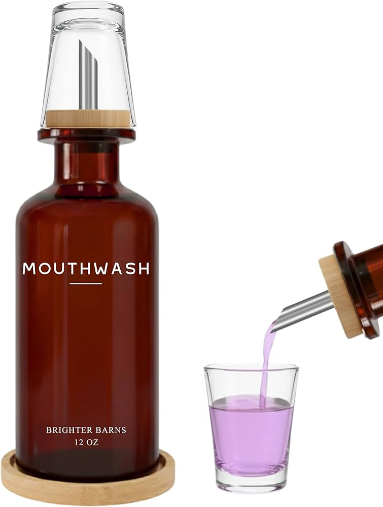 Amber Glass Mouthwash Dispenser for Bathroom by Brighter Barns - Refillable Mouthwash Container a... | Amazon (US)