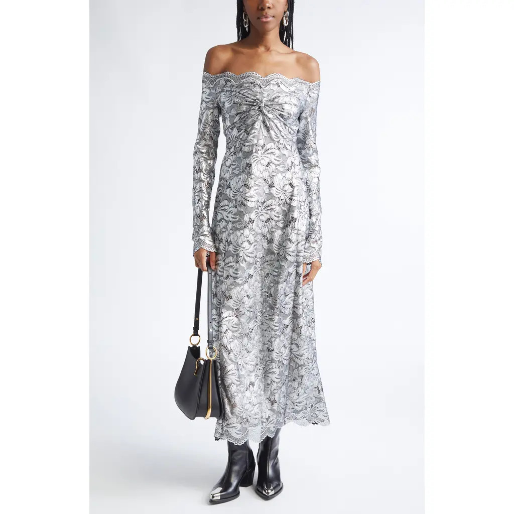 Rabanne Metallic Long Sleeve Stretch Lace Dress in Black /Silver at Nordstrom, Size 8 Us | Nordstrom