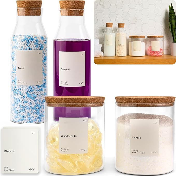 KIVY Glass Detergent Dispenser Container Set of 4 [INCL Labels] Large Glass jars for Laundry Room... | Amazon (US)