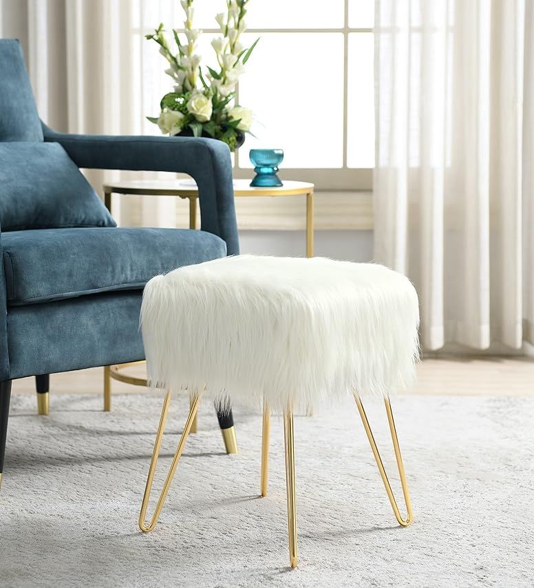 Vanity Stool Faux Fur Ottoman - Awescuti Cute Rectangle Faux Fur Chair with Storage, Fuzzy Bench Flu | Amazon (US)