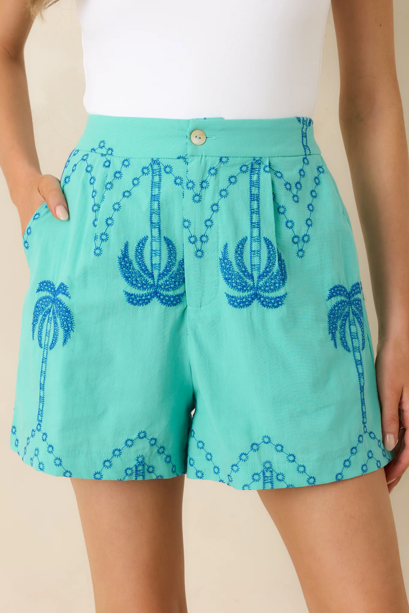 Island Pulse Teal Palm Embroidered Cotton Shorts | Red Dress