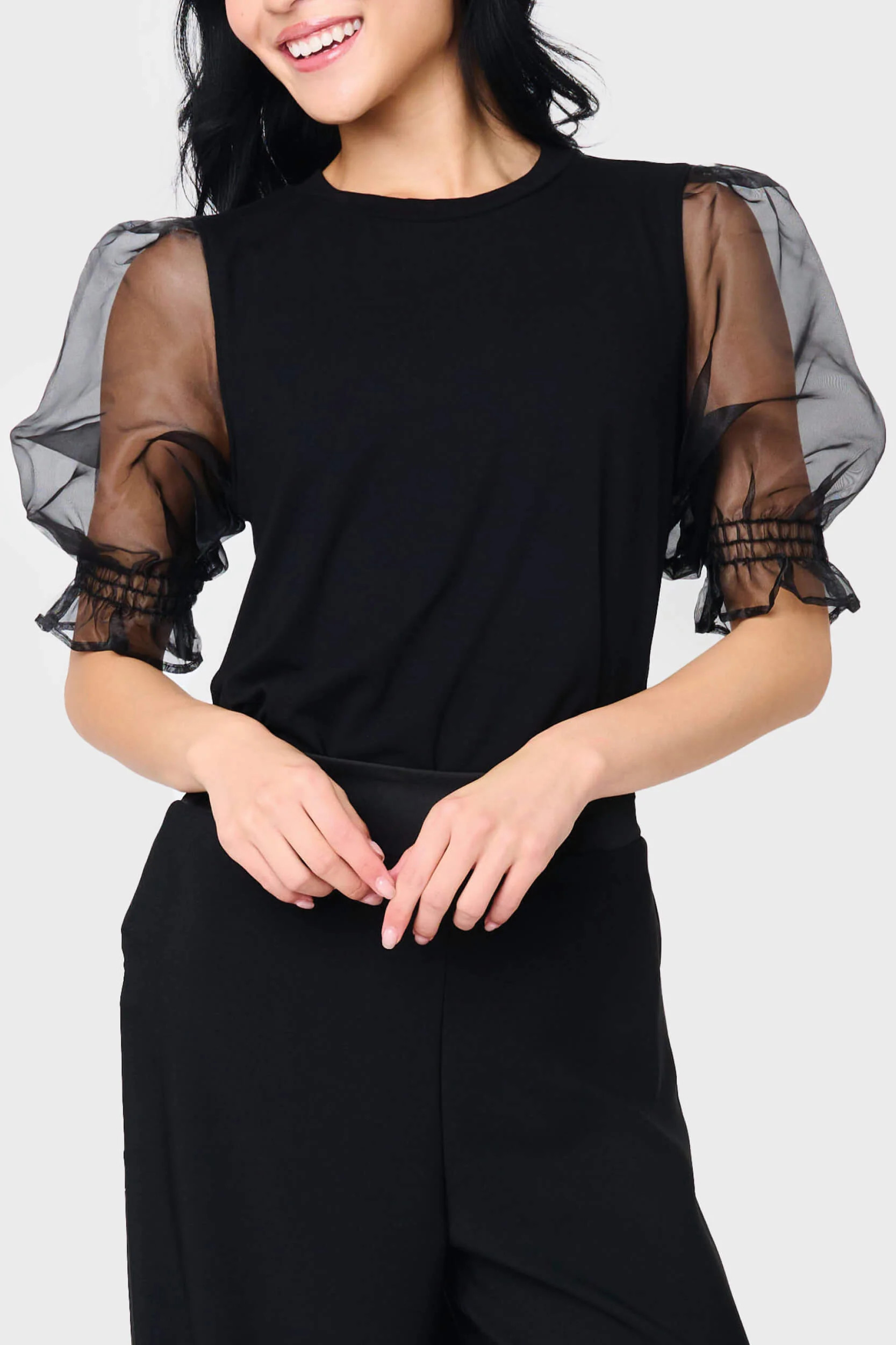Organza Puff Sleeve Soft Ponte Top | Gibson