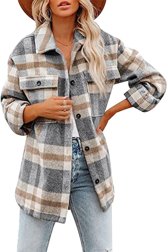 Gihuo Women' s Plaid Flannel Shirts Jacket Button Down Shacket Outwear | Amazon (US)