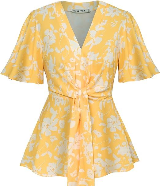 GRACE KARIN 2024 Women's Elegant V Neck Peplum Tops Tie Front Short Bell Sleeve Shirts Tops Blous... | Amazon (US)