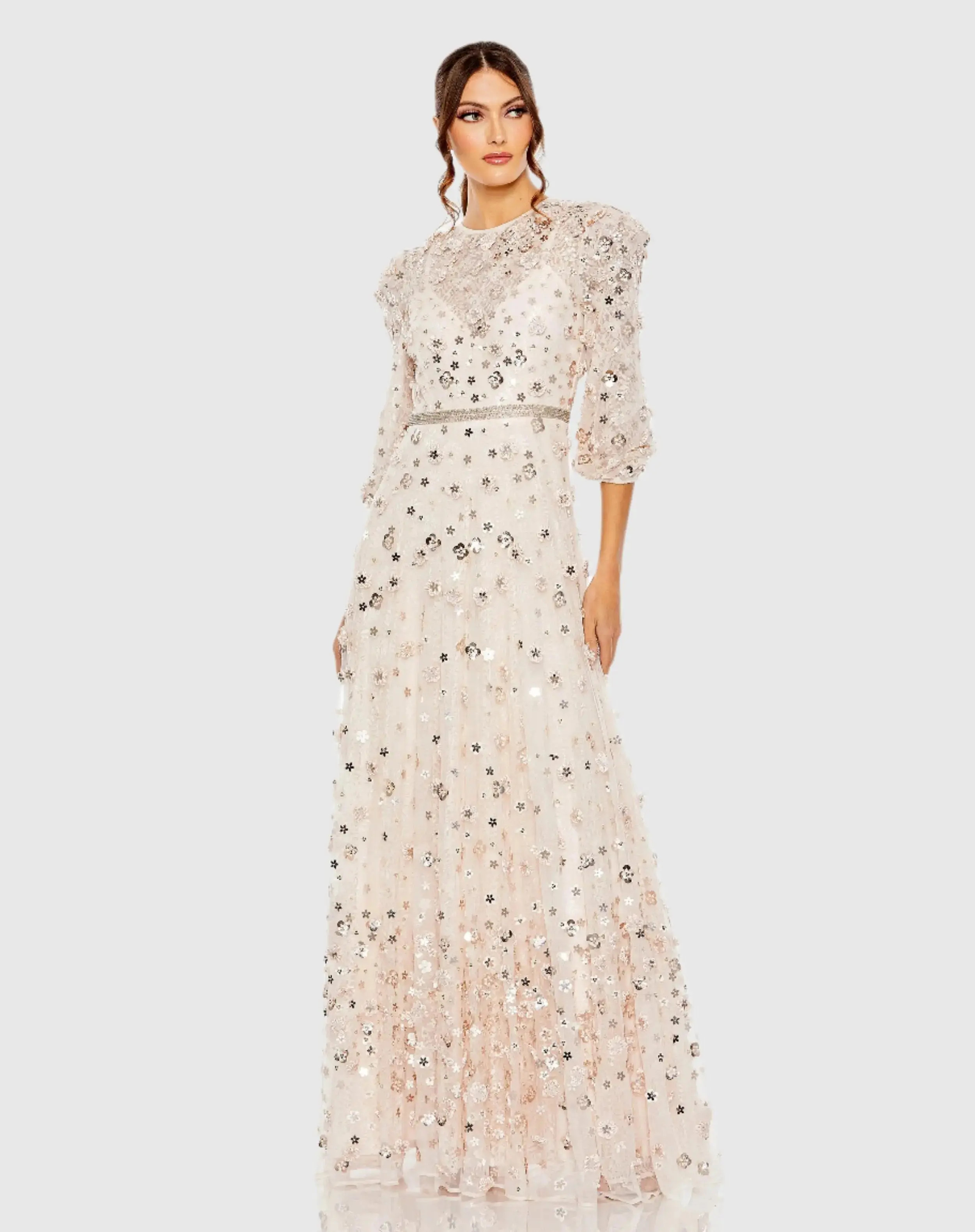 Floral Applique Puff Sleeve High Neck A-Line Gown - Mac Duggal | Mac Duggal