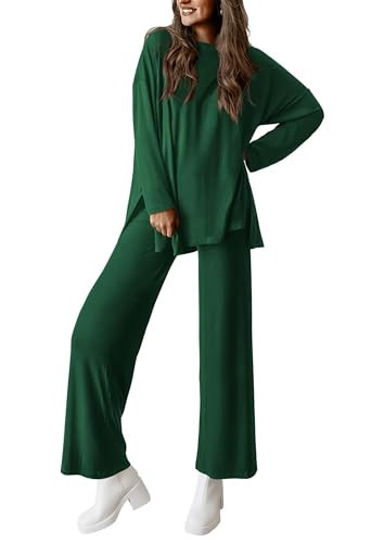 PRETTYGARDEN Women's Two Piece Lounge Sets Matching Long Sleeve Shirts Wide Leg Pants Tracksuits Travel Outfits Fall Clothes (Dark Green,Small) | Amazon (US)