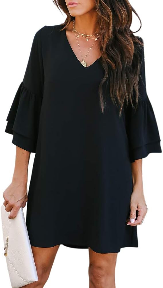 Women's Dress Sweet & Cute V-Neck Bell Sleeve Shift Dress Mini Dress | Amazon (US)