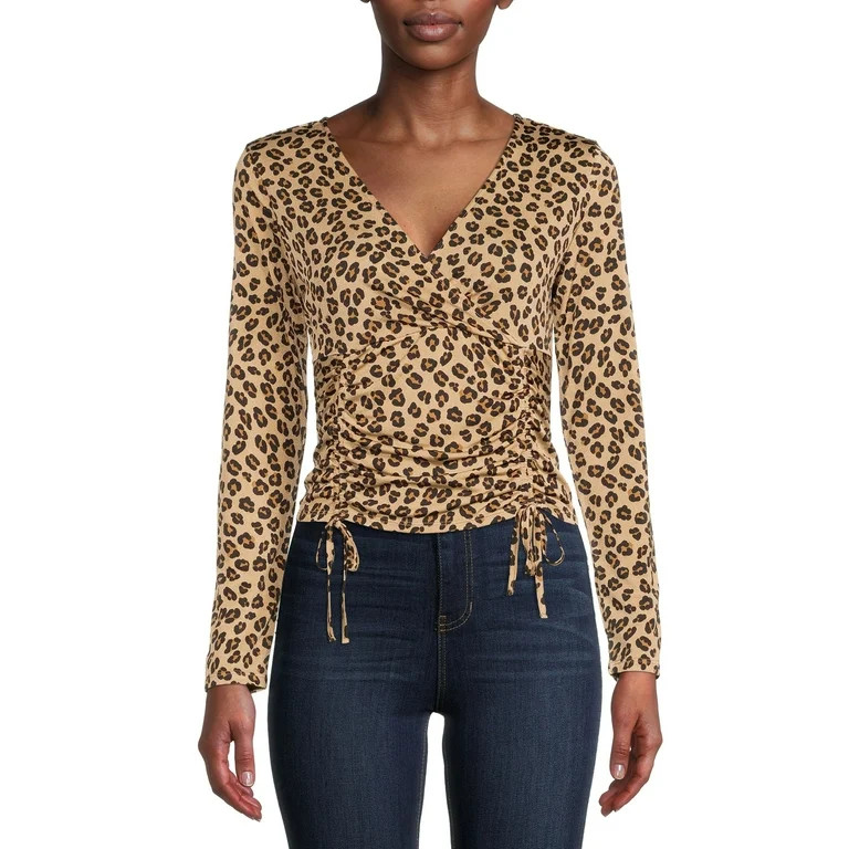 No Boundaries Juniors’ Surplice Ruched Tie Front Top with Long Sleeves | Walmart (US)