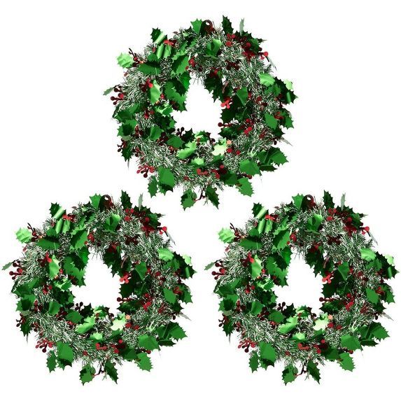Juvale 3 Pack Small Green Tinsel Front Door Wreath for Christmas, Holiday Decorations for Windows... | Target