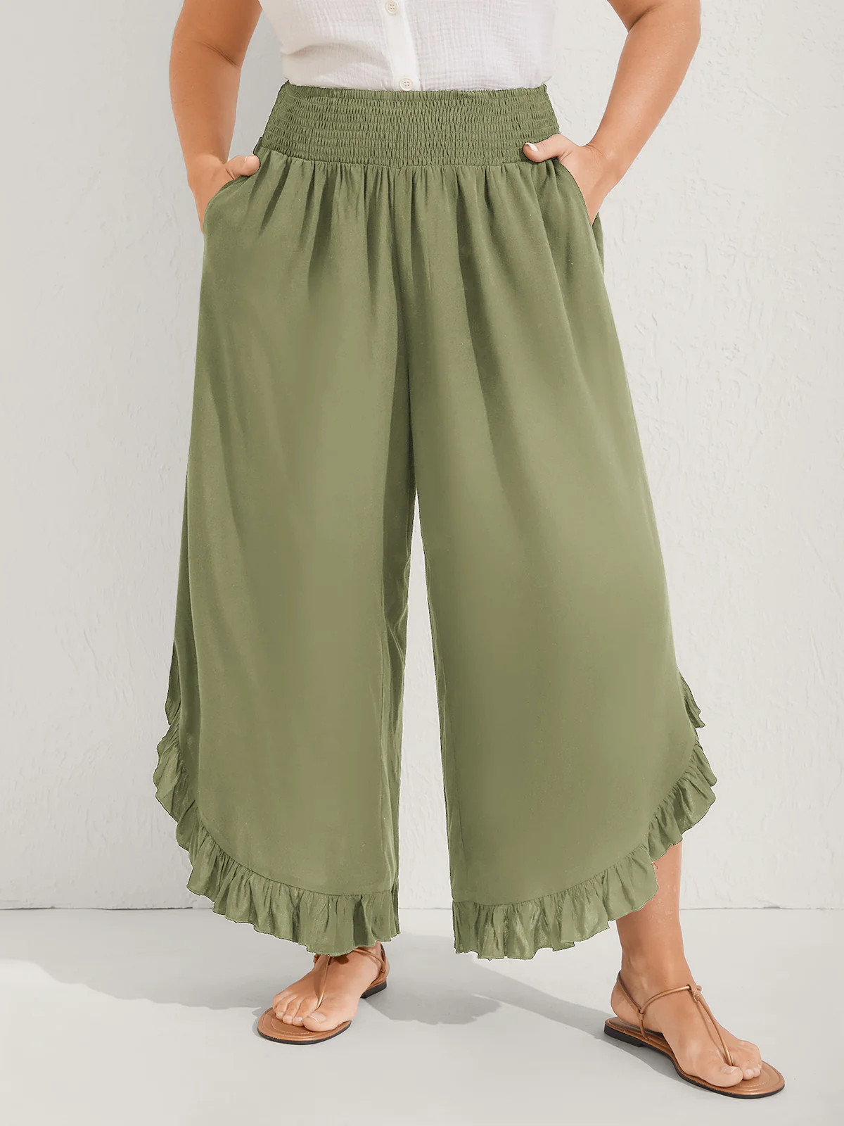 Ruffled Curvy Hem Wide-Leg Pants | Bloomchic