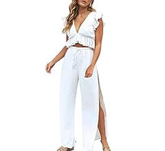 FANCYINN Womens 2 Pieces Outfits Deep V Neck Crop Top Side Slit Drawstring Wide Leg Pants Set Jumpsu | Amazon (US)