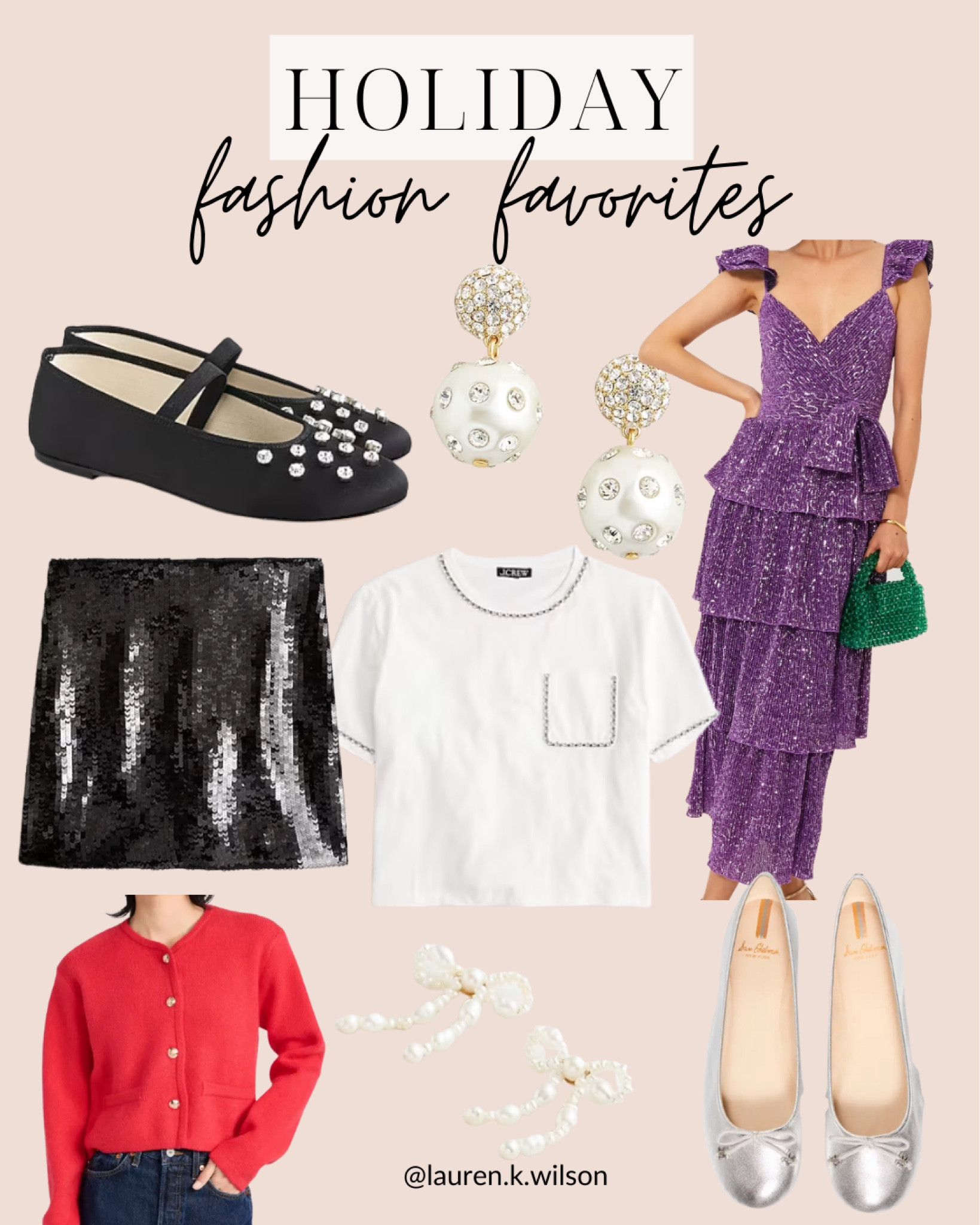Holiday fashion favorites, ballet flats, pearls, earrings, sequins, maxi dress, midi dress, sequin skirt, embellished tee, cardigan, ballet flats 

#LTKstyletip #LTKHoliday #LTKSeasonal