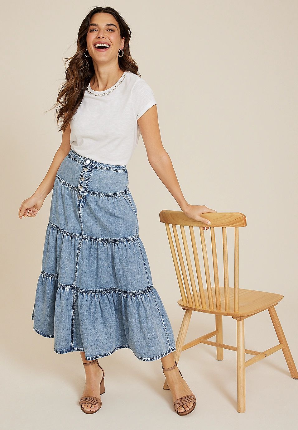 Button Fly Tiered Nonstretch Denim Maxi Skirt | Maurices