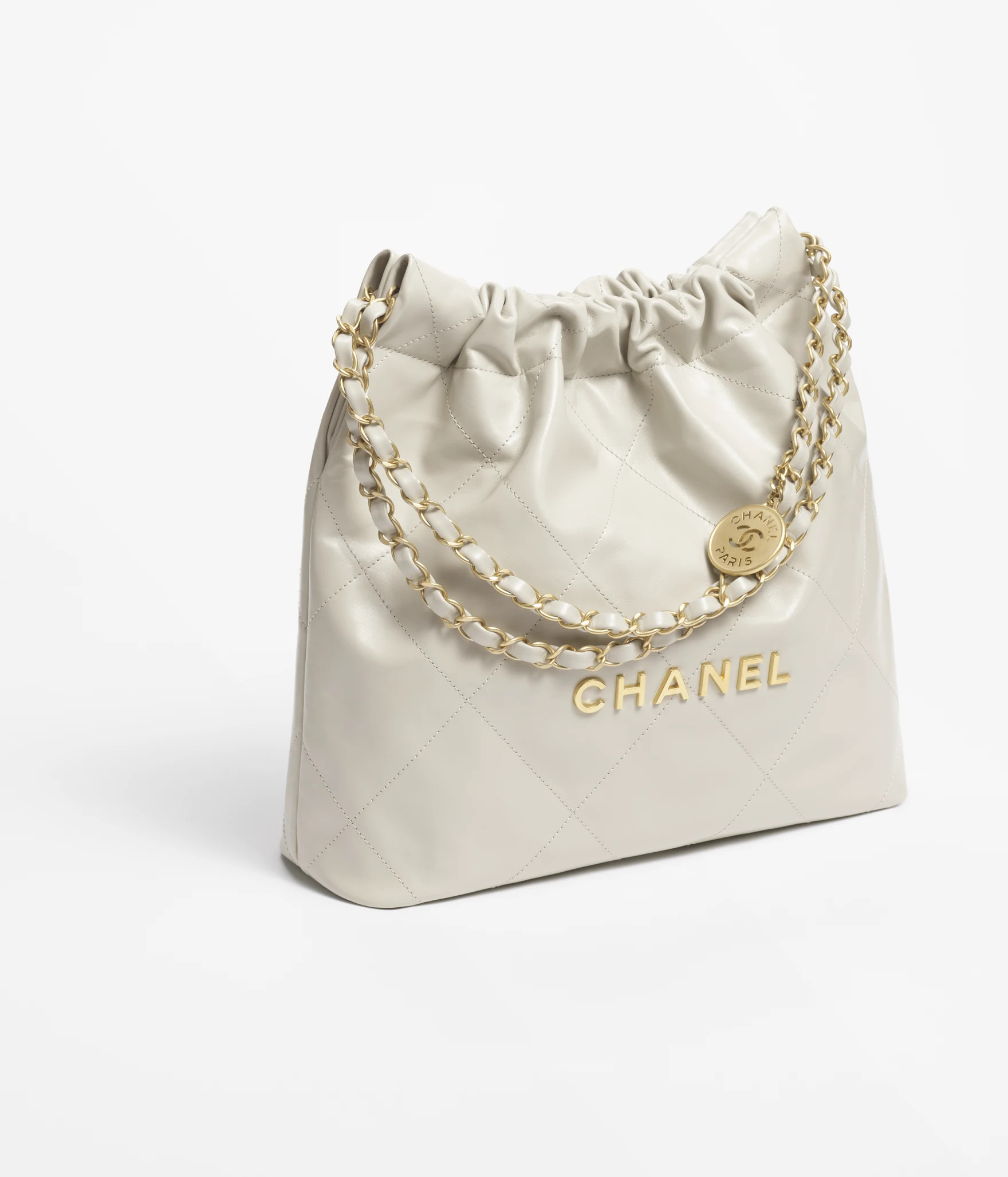 Chanel 22 small handbag, Shiny calfskin & gold-tone metal , light gray — Fashion | CHANEL | Chanel, Inc. (US)