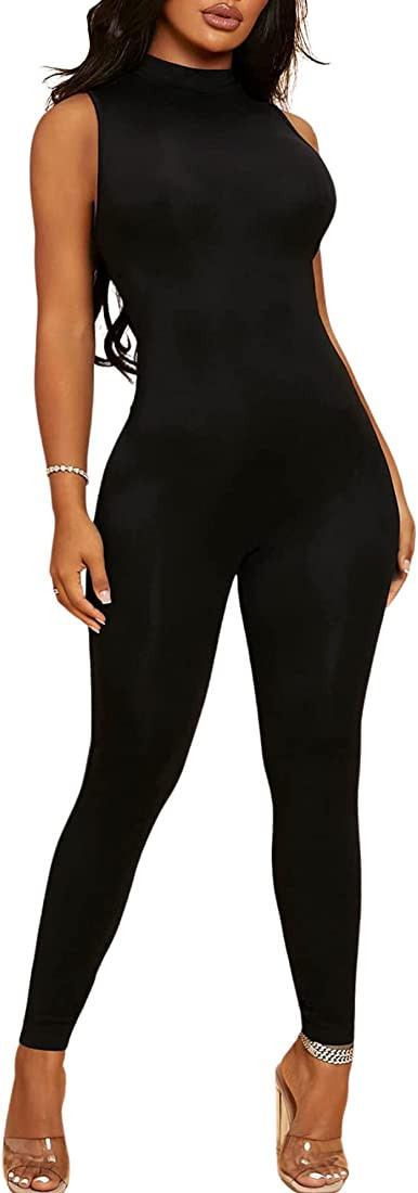 MakeMeChic Women's Sleeveless Mock Neck Bodycon Jumpsuit Unitard Bodysuit | Amazon (US)