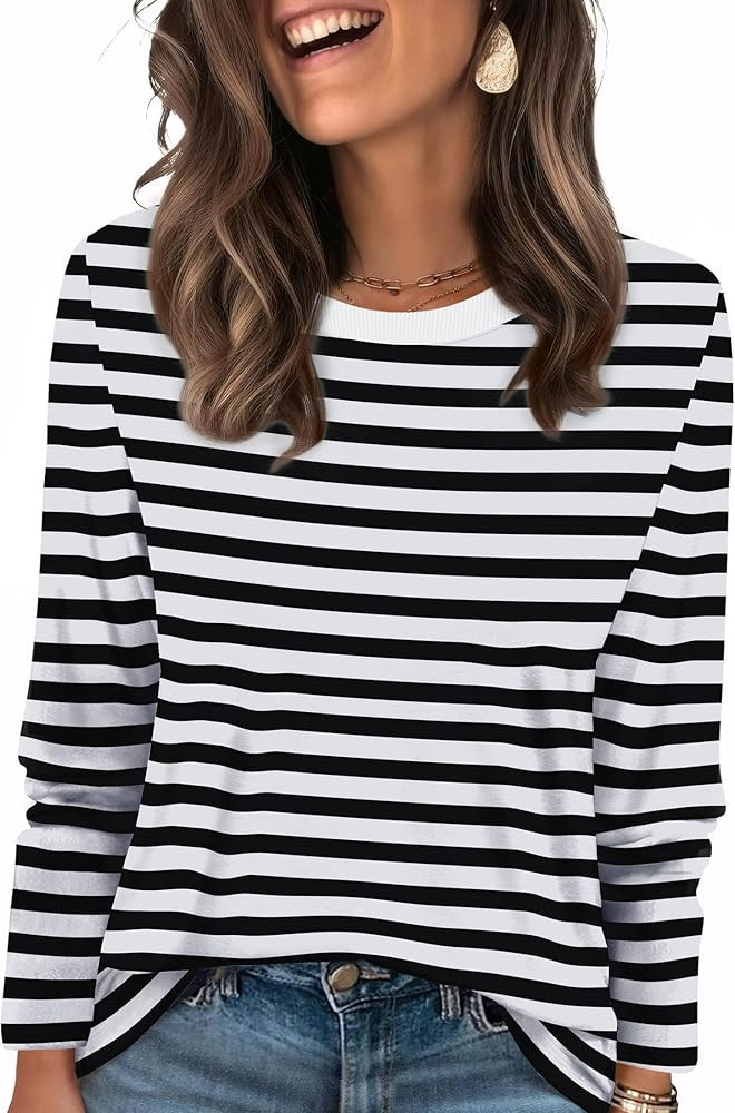WIHOLL Womens Striped Long Sleeve Shirts Fall Outfits 2025 Color Block Tops Fashion Clothing Ribb... | Amazon (US)