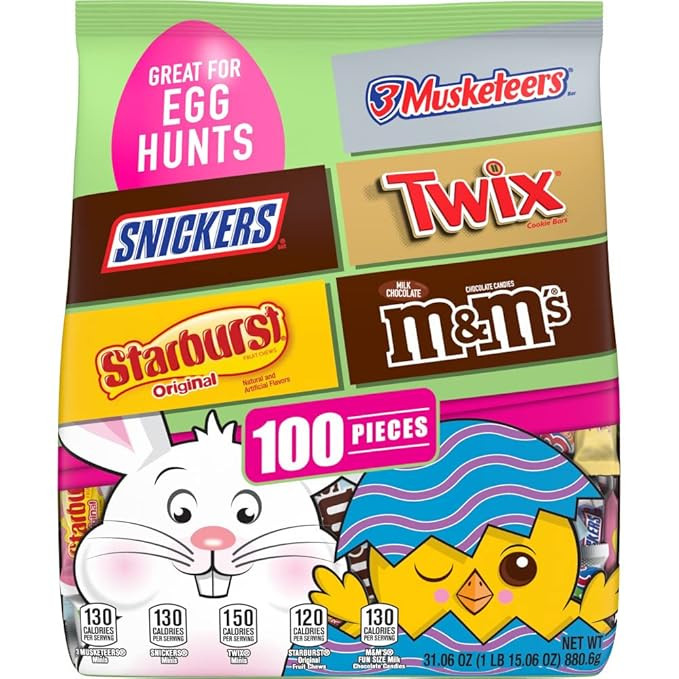 M&M'S, SNICKERS, TWIX, 3 MUSKETEERS & STARBURST Assorted Easter Basket Candy, 31.06 oz, 100 Piece... | Amazon (US)