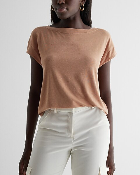 Supersoft Linen-Blend Skimming Bateau Neck Tee | Express
