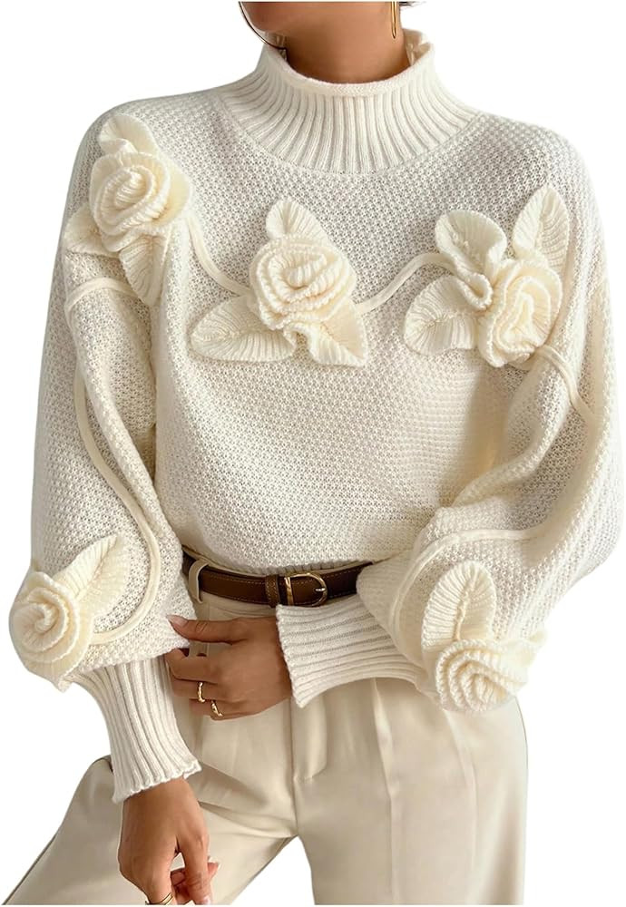 Verdusa Women's 3D Floral Pullover Sweaters Old Money Long Lantern Sleeve Cable Knit Tops | Amazon (US)