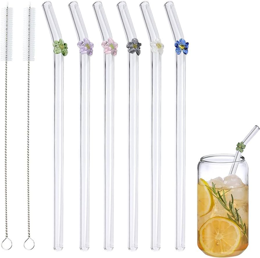 KIGOTWIN Reusable Glass Straw with Flower ,Colorful Shatter Resistant Bend Straws Cocktails Bar A... | Amazon (US)