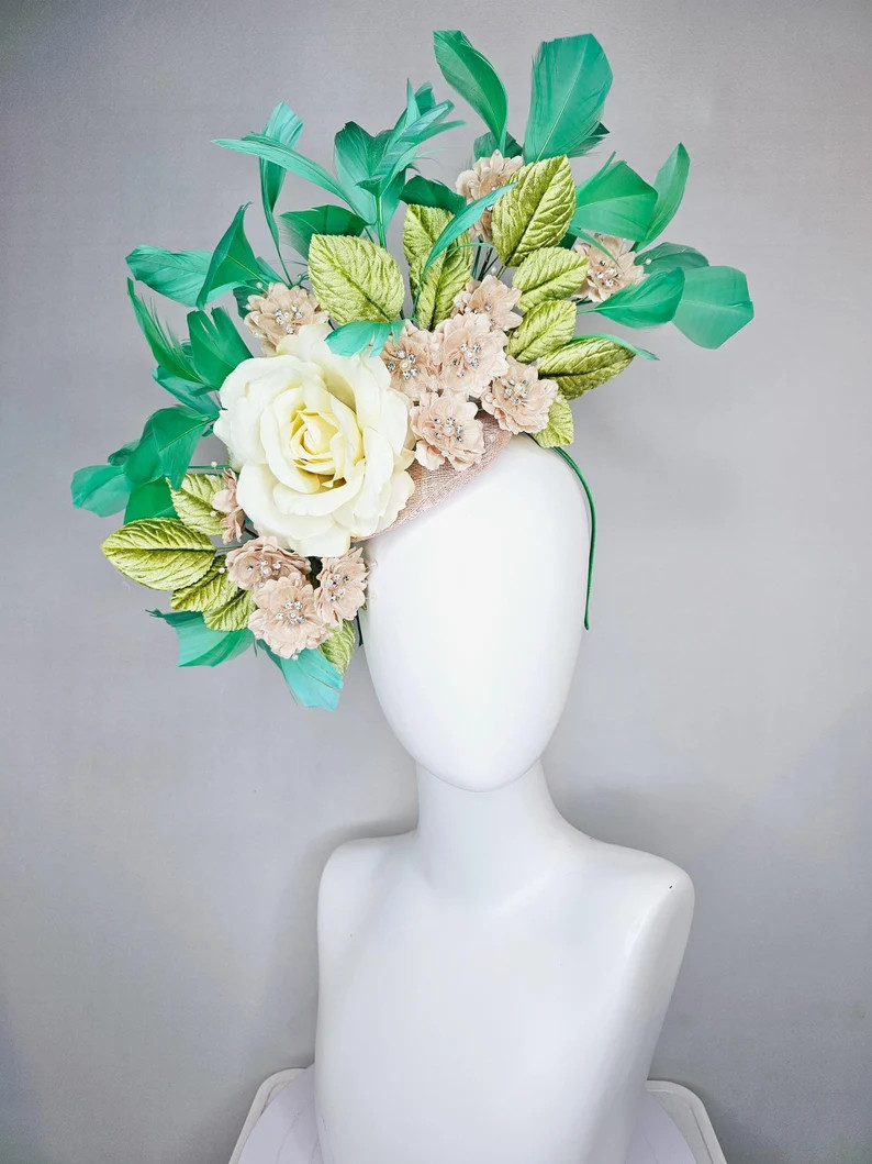 kentucky derby hat fascinator beige sinamay,white ivory silk rose flower small beige flowers lime... | Etsy (US)