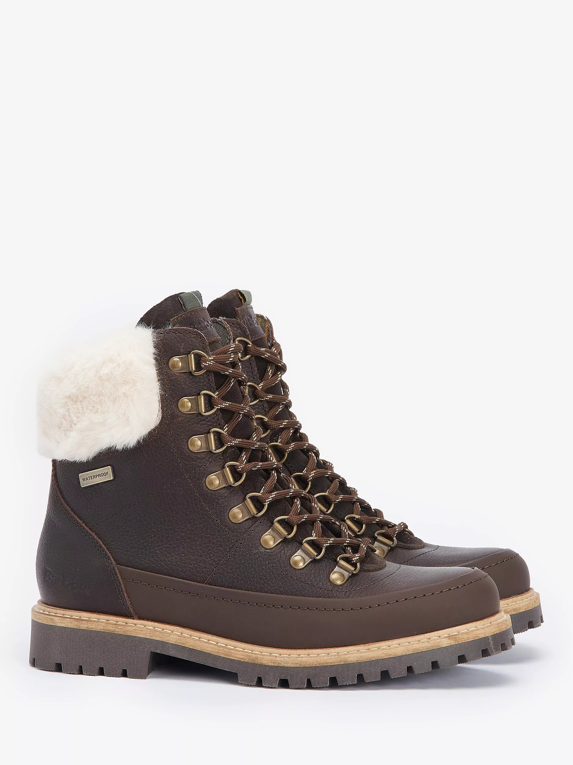BarbourWoodside Leather Faux Fur Cuff Hiker Boots, Dark Brown | John Lewis (UK)