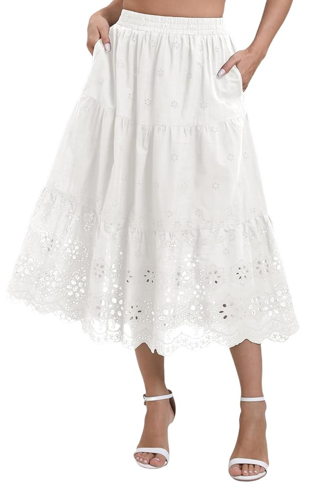 Women's High Waist A-Line Vintage Embroideried Lace Midi Skirt 2025 Vacation Casual Beach Boho Su... | Amazon (US)